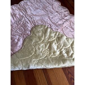 Vtg Satin Pink Yellow Scalloped Baby Blanket Embossed Detailing